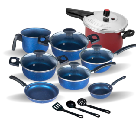 Jogo de Panelas Antiaderente Teflon Premium 11 Peças. 7 Panelas+ 2 brindes, 3 utencilios + Panela de Pressão 4,5Lt