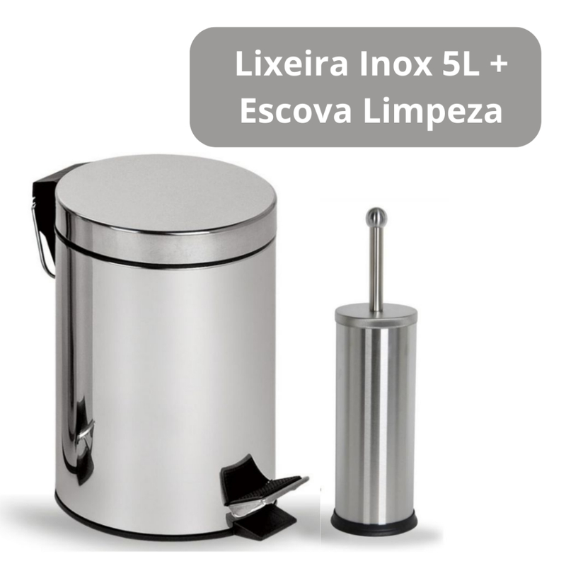 Kit Lixeira 5 litros Inox + Escova Sanitária Inox para Banheiro