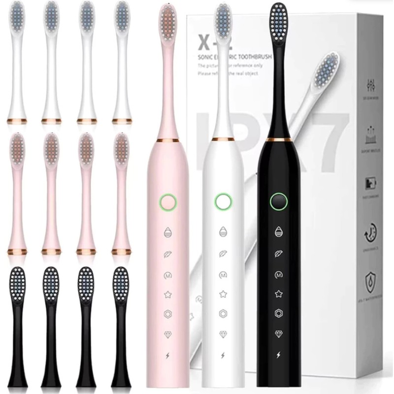 Escova De Dentes Elétrica Recarregável Sonic IPX7 Com 4 Cabeças Cor Branco E Preto a